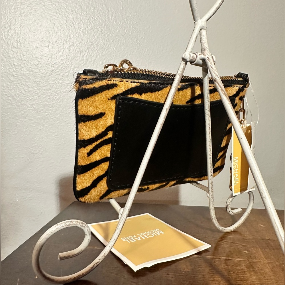 Michael Kors Parker Marigold Small Tiger Print Calf Hair Zip Key Card Holder - Picture 3 of 5